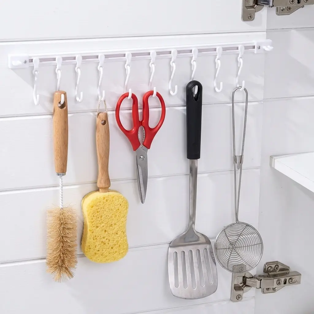 Self-Adhesive Sliding Rail Hook Rack with 10 S Hooks, No-Drill Cabinet Hanging Organizer, Under Shelf Storage for Kitchen, Bathroom, Closet, 11Inch