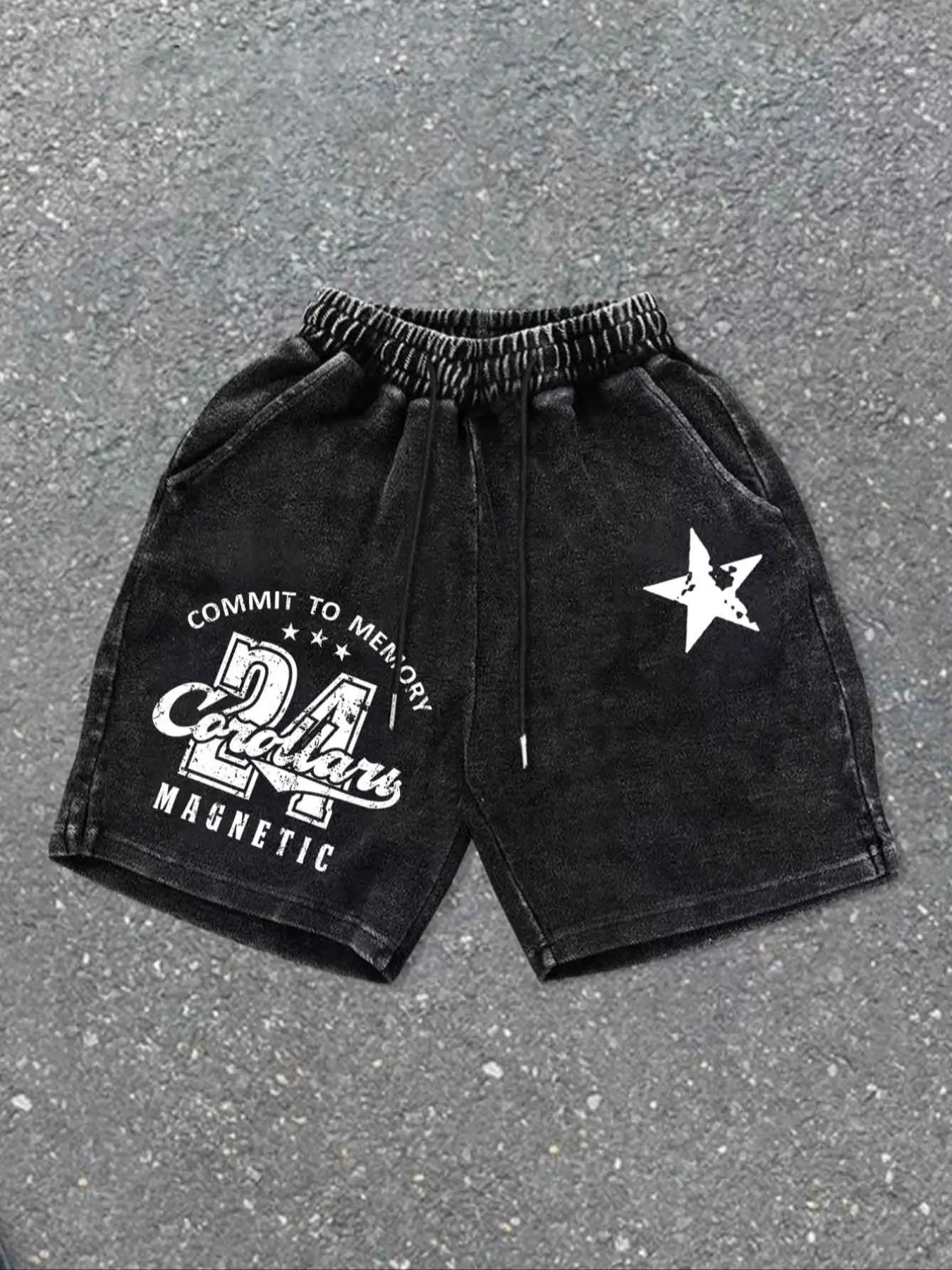 Men's retro washed drawstring shorts, featuring a number and letter graphic design, suitable for all seasons, with a star pattern, comfortable and stylish, Letter Print Shorts, Streetwear Sports Shorts, Casual Athletic Shorts, Casual Sports Shorts