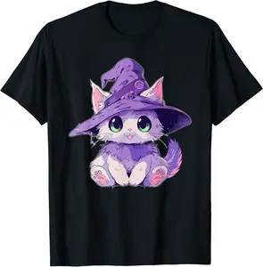 Cute Kitty Cat Kitten in Witch Hat Girls Halloween Graphic T-Shirt - Kadondaxe Shop 90B0CGVZBFZF