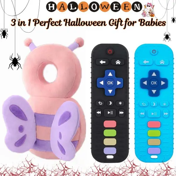3 in 1 Perfect Halloween Gift for Babies – Butterfly Head Protector Backpack, TV Remote Silicone Teether & Anti-Fall Head Cushion, Adjustable Baby Safety Gear for Crawling, Walking & Teething, BPA-Free