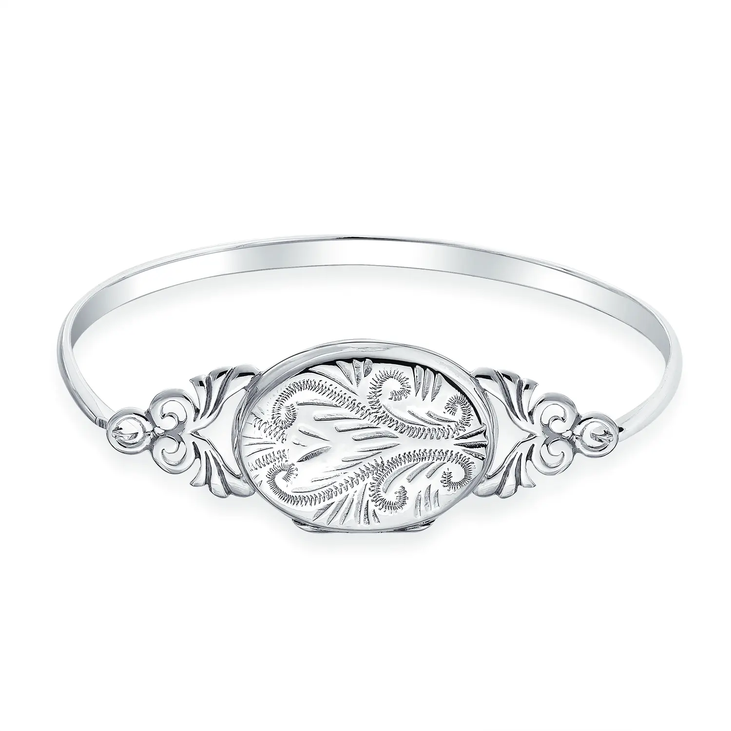 Vintage Style Locket Bangle Bracelet Photo Keepsake .925 Sterling Silver