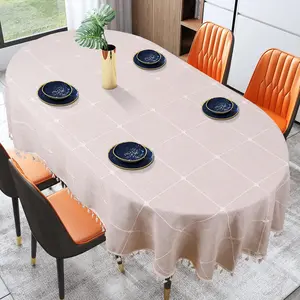 Oval Tablecloth with Embroidery Tassel Tablecloth, Coffee Color Plaid Oval Tablecloth 52X70 Inch,Kitchen Dining Room Table Covers, Wrinkle Resistant Fade Resistant Tabletop Decorations