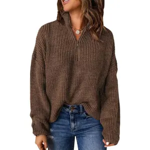 Womens Sweaters Long Sleeve 1/4 Zip Pullover Polo V Neck Dressy Casual Tops