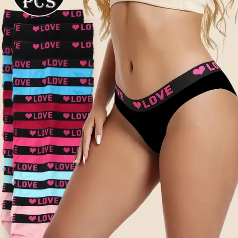 24pcs Women's Heart & Letter Tape Knicker Soft Comfy Breathable Panty, Women's  Letter Tape High Waist Knicker, Soft Comfy Breathable Panty for Daily Wear, Underwear for All Seasons Fit No Show