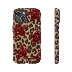 Glittercutie Red Star and Cheetah Phone Case Leopard Phone Cases Phone Cover Hard Case Tough 2-piece Magnetic Phone Case