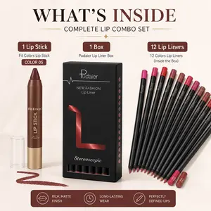 Lip Combo Set 13PCS (1 Lip Stick + 12 Lip Liners), Long Lasting Matte Lip Kit, Waterproof Lip Pencil Set, Highly Pigmented Lip Liner Collection for Natural & Bold Lip Makeup Long-Lasting Lipstick red lippy glossy balm finish circle under-eye