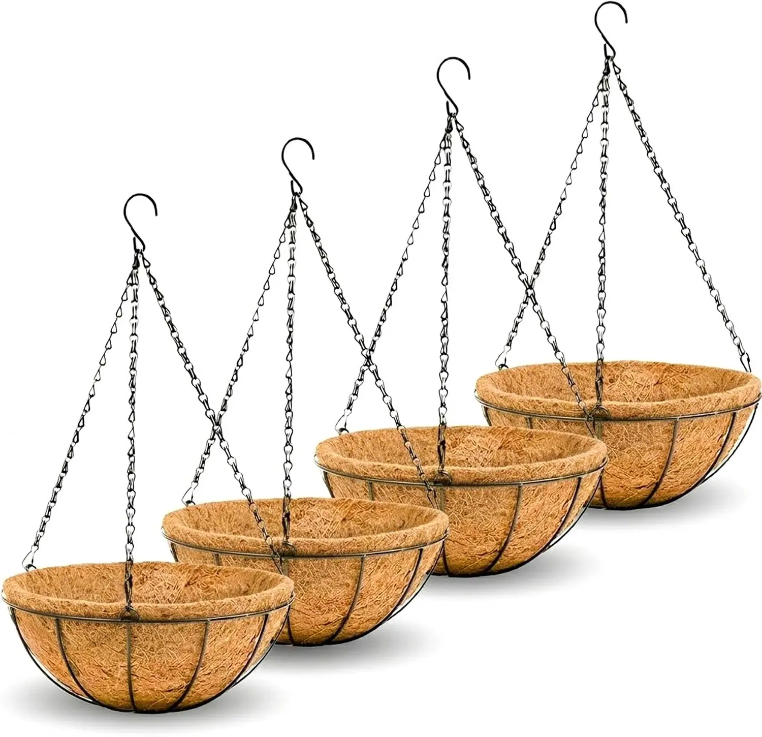 8 inch Metal Hanging Baskets For Plants Outdoor 4 Pack Round Metal Wire Hanging Basket Planter with Coco Fiber Liners Chain Round Wire Plant Holder for Garden, Patio, Deck, Porch Plants Flower Potss