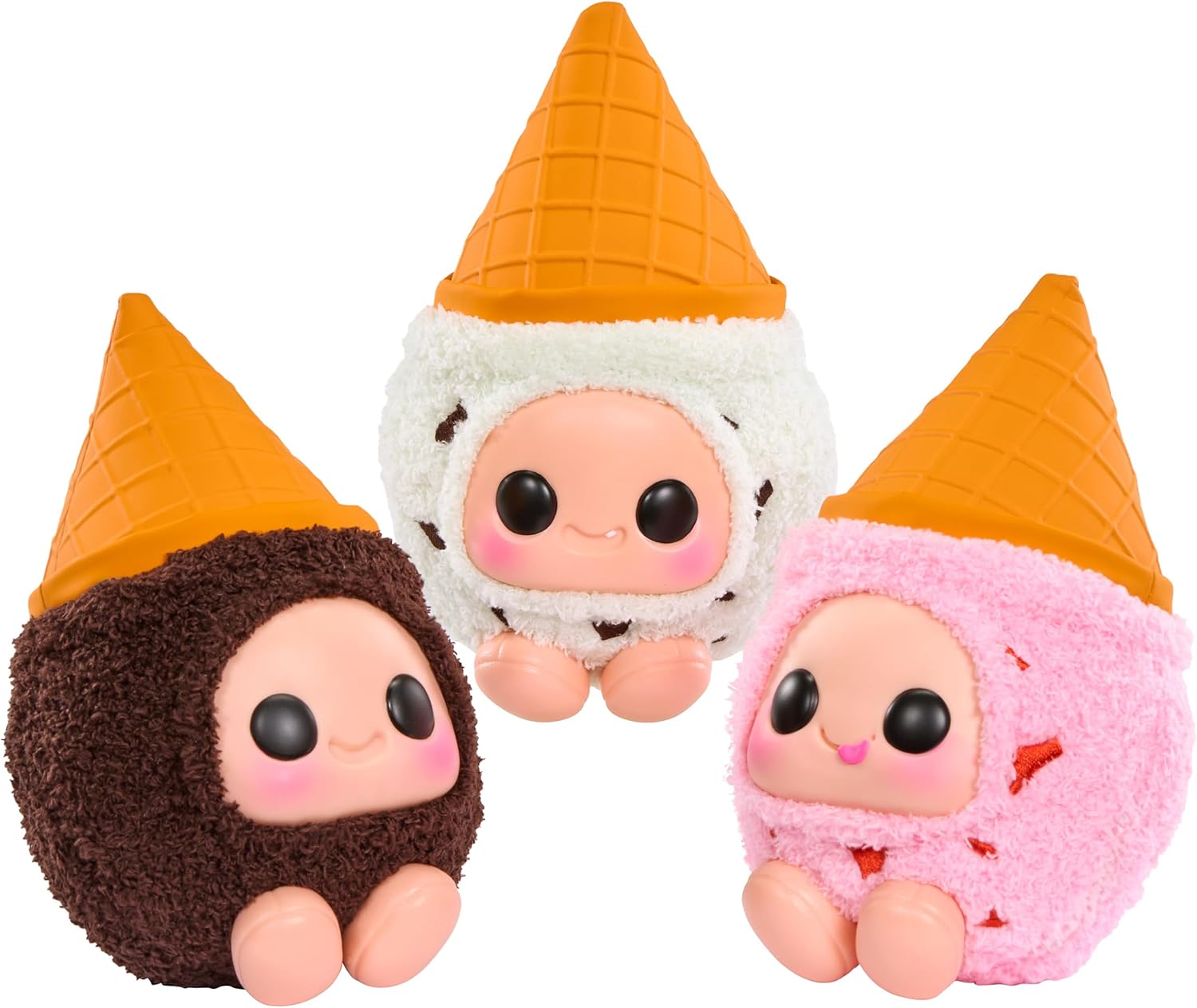 Cute ice cream cone series, collectible plush toys, 3 pieces for collection, chocolate flavor, mint chocolate chip flavor and strawberry flavor. An excellent gift for all age groups.