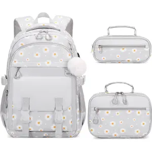 Backpack for Girls, Daisy Prints Girls Backpack for School with Lunch Bag Pencil Case,  Bookbag  Elementary Middle School Bag with USB  Port