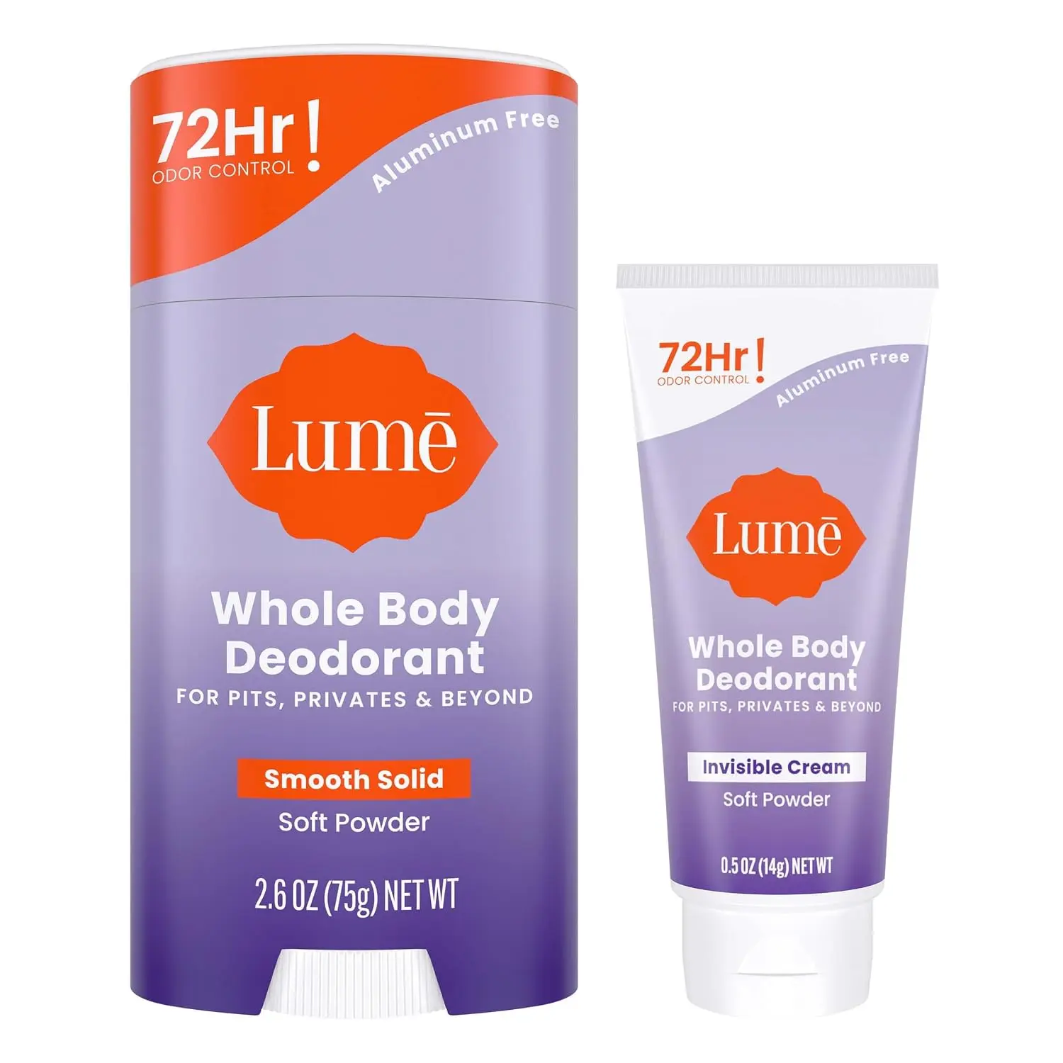 Lume Whole Body Deodorant Cream Tube Mini and Stick 0.5oz & 2.6 Soft Powder | 72-Hour Odor Control, Aluminum & Baking Soda Free, Skin-Safe, Whole-Body Deodorant for Women Body Care