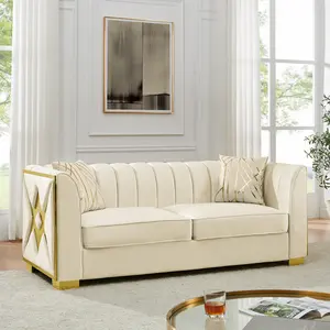 Luxury Velvet Chesterfield Sofa Set 81" 84" 90.6" Button Tufted 3 Seater Couch with Gold Stainless Steel Legs & Pillows 280g Italian Velvet High End Tufted Living Room Furniture Elegant Stunning Sofa for Home Decor