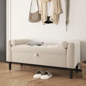 46.5" Upholstered Storage Ottoman Bench with Rolled Armrests and Wood Legs – End-of-Bed Shoe Chest, Entryway Footrest Seat for Bedroom, Living Room, Hallway, and Walk-in Closet