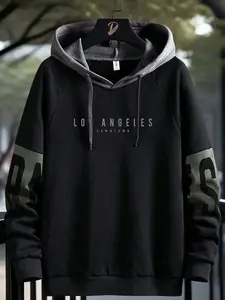 Men's Raglan Sleeve Hoodie with Drawstring, Comfortable Casual Daily Wear, Fashion Trendy Hooded Sweatshirt, Letter Graphic Design, Hoodie Letter Logo, Casual Print Hoodie