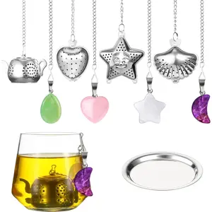 4 Sets Loose  Infusers Stainless Steel Teaballs Cute  Strainers Steeper Filters with  Stone Pendants and Drip Tray Teacups Accessories(Cute Style)