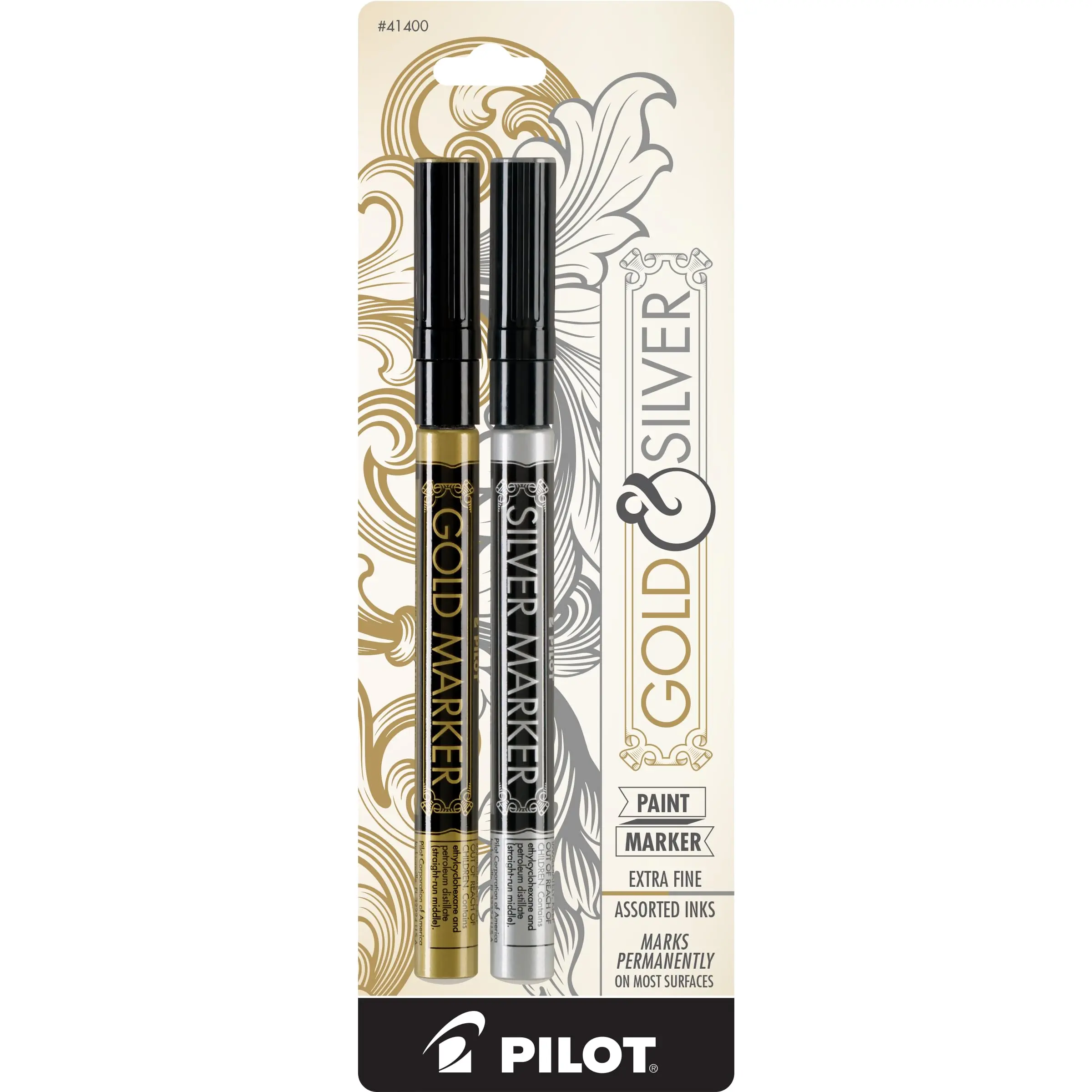 Pilot Extra Fine Point Permanent Marker Pens - 2-Pack Gold & Silver Ink, Exceptional Writing Instruments with Clip-On Cap for Home, Crafts, Marks Permanently, Permanent Ink