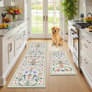 Kitchen Mat Sets 2 count, Florals Rugs for Kitchen Floor,Stain Resistant Standing Mats with Non Slip Rubber Backing, Runner Rugs for Laundry,Doormat,Entryway(Beige Florals)
