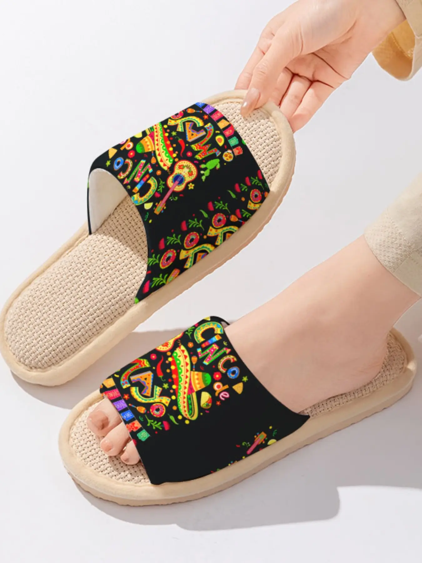 Mexican Carnival Linen Slippers, Breathable Non-Slip Sole, Casual Asymmetrical Design, Textile Upper, All Seasons Wear
