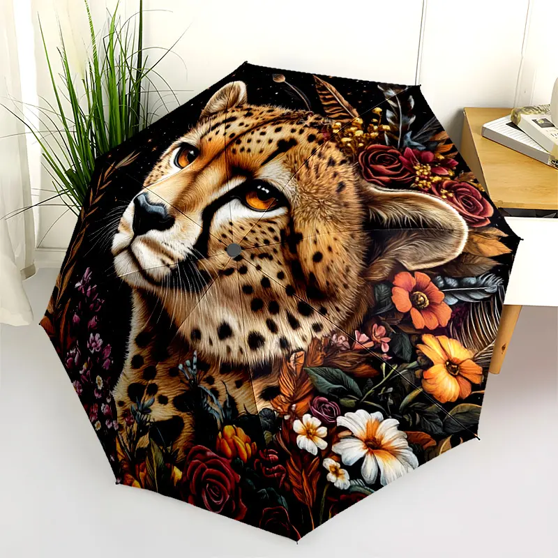 1 PC Automatic Folding Umbrella - Cheetah Floral Artwork Pattern, Portable & Foldable Design with 8 Ribs, Merry Christmas Pattern,Casual Outdoor Accessory Halloween and Christmas Birthday Gifts. C0015