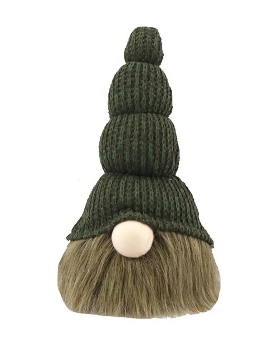 360 Stand 14 in. Hand-Knit Chunky Green Hat Fabric Sitting Gnome Sculpture - Decorative Home Shelf Accessory, Gift Ornament