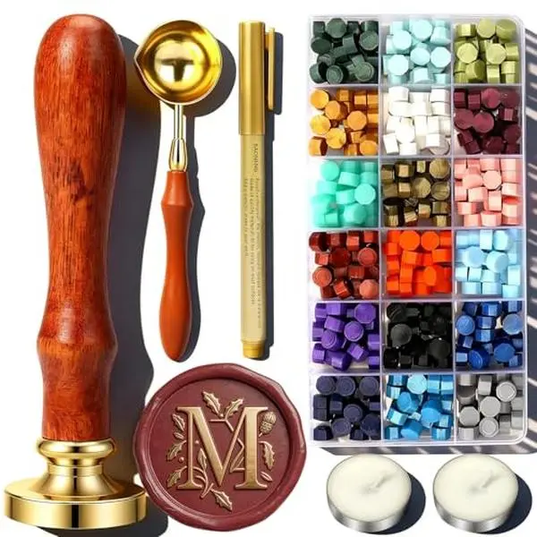 M Wax Seal Stamp Kit, TEKGERLU 360 PCS 18 Colors Wax Beads, Copper M Letter Stamp with Solid Wood Handle, Full Tools for Wedding Invitations, Envelope Sealing