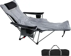 Reclining Camping Chair with Removable Footrest Lounge Chair with Headrest, Cotton Cushion, Portable Adjustable Folding Chairs