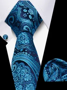 High-End Men's Tie Handkerchief Cufflinks Set, Casual Party Accessories, Perfect Gift for Friends, All Seasons Wear, Blue Tie