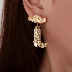 1 pair of Western cowboy boots and hat shaped earrings - fashionable retro bohemian style earrings, suitable for daily and party accessories, a daily gift for girls