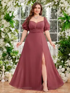 Women's Elegant Feminine Maxi Dress, Heart Neckline Bubble Sleeves, High Slit Bridesmaid Gown, Fitted Plain Design, All Seasons Wear Chic