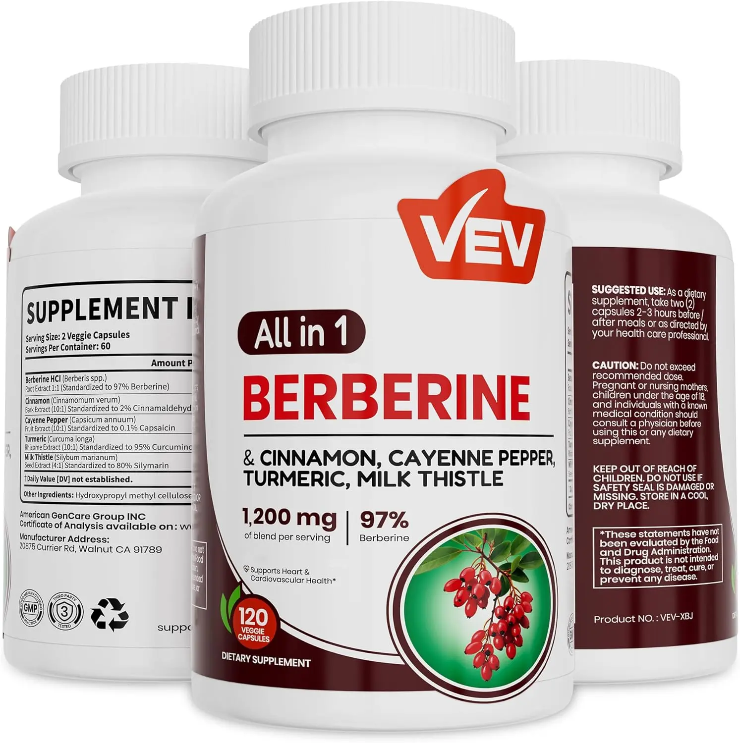 VEV Berberine Supplement with Ceylon Cinnamon, Cayenne Pepper, Turmeric, Milk Thistle – 120 Capsules