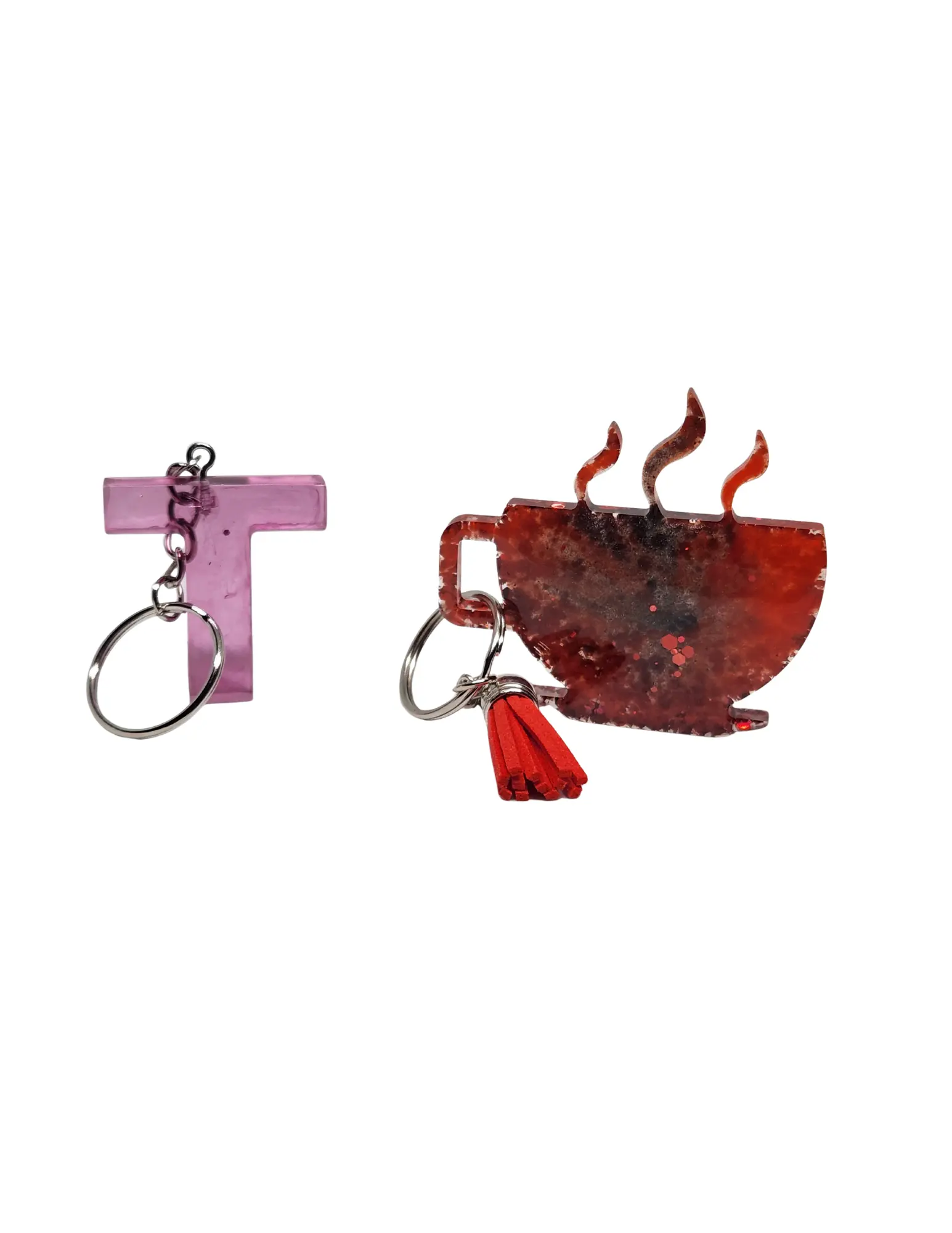 2-Piece Keychain Set – Purple “T” & Red Coffee Cup with Tassel