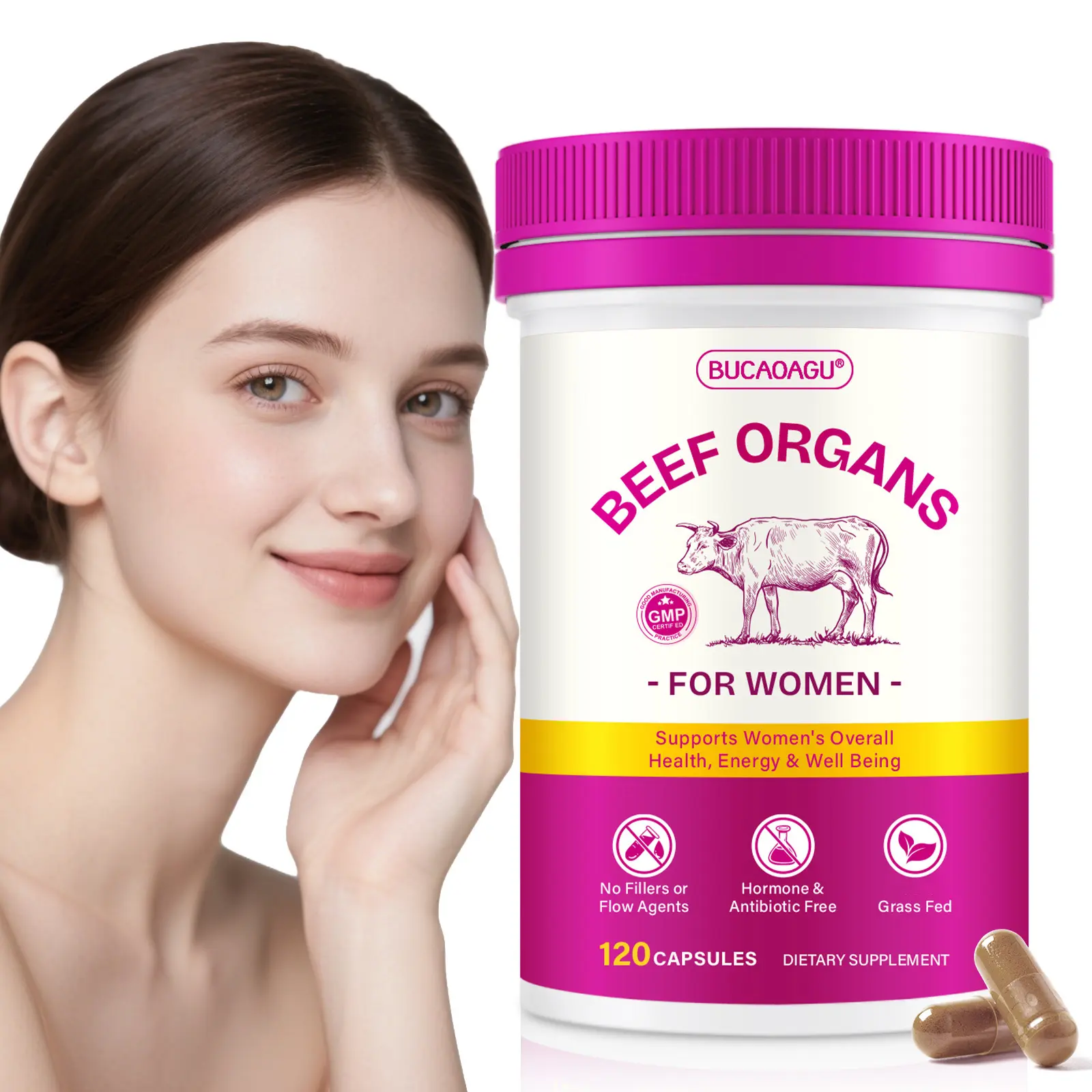 Women's Pasture-Raised New Zealand Beef Organ Dietary Supplement, Bucaoagu, Vitamin-Infused with Iron, B12, CoQ10, Minerals, GMP-Certified, Chemical-Free, 3-Years Shelf Life, Boosts Energy, Metabolism, Immune Health, 120 Capsules, Camping Essentials