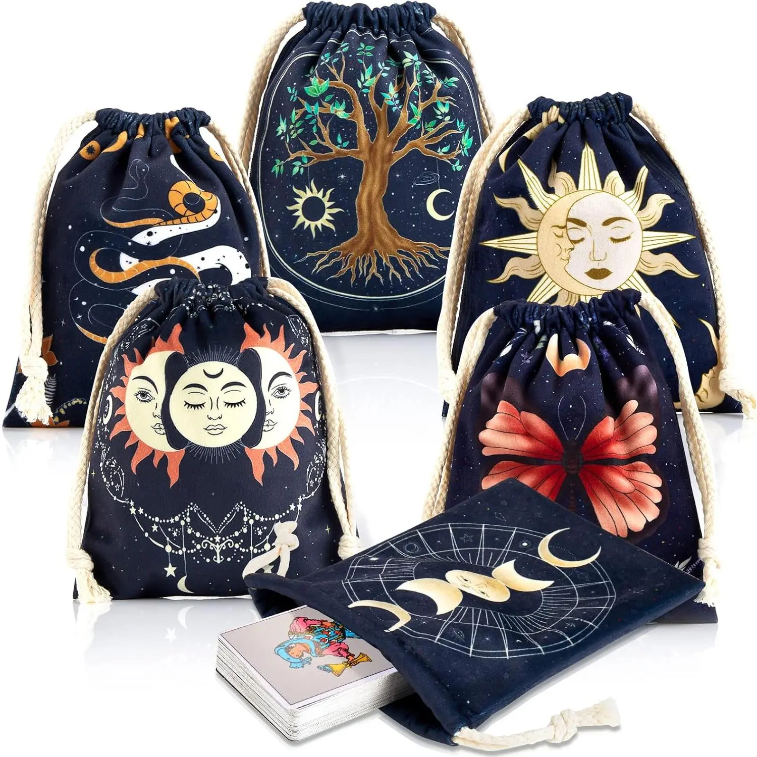 6-Pcs Tree & Butterfly Print Velvet Astrology Storage Bags (18x15 cm) Drawstring Organisers, Fits Standard Tarot Cards, Witchcraft Divination Supplies Gift Set for Enthusiasts