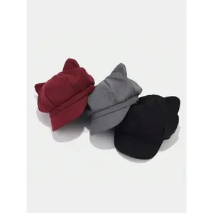 Cute Cat Ear Design Beanie Hat, Casual Trendy Retro Beret Hat for Women & Men, Fashionable Black Hat for Daily Wear for All Season