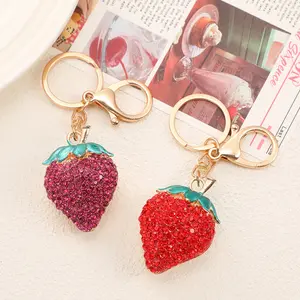 Bling Strawberry Keychain | Sparkly Crystal Rhinestone Bag Charm | Cute Kawaii Fruit Keyring for Car Keys