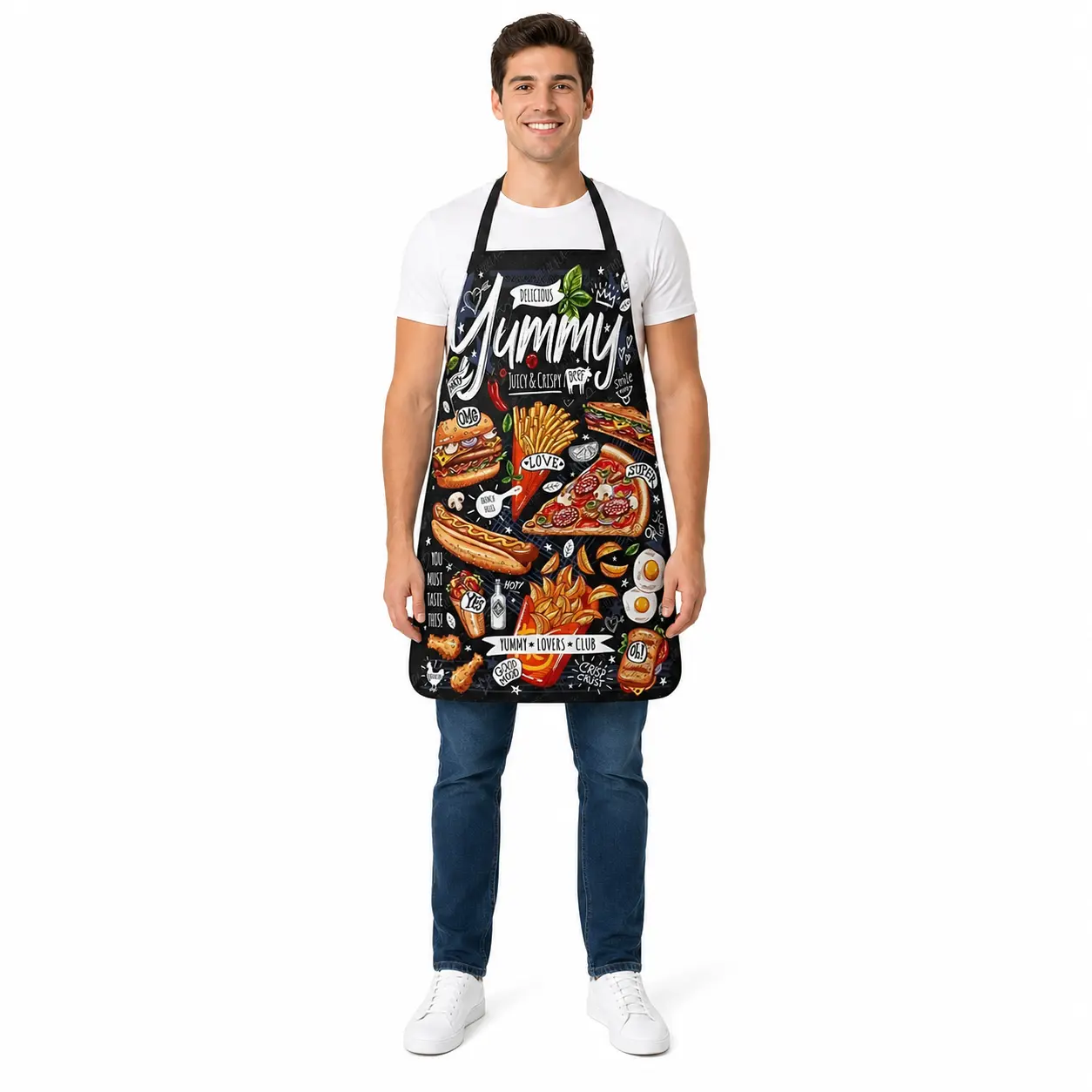 Waterproof Oil-Proof Food Theme No Pocket 6-Pack Kitchen Aprons, Funny Gift for Food Lovers, Unisex Cooking Bib for Cooking & Baking, Includes Burger, Pizza & More Designs, Six-Pack