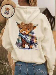 Trendy Women's Highland Cow Print Long Sleeve Hoodie, Festive Cartoon Cow Pattern Pullover, Casual Comfortable Sweatshirt, Fall & Winter Wear