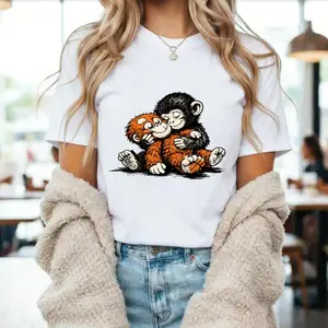 100% pure cotton Crewneck T Shirt Black Monkey Hugging Pattern Casual Wear For Women And Girls Daily Outfits Coffee Shop Style Fashion Top # TeamPunch, # Punchthemonkey