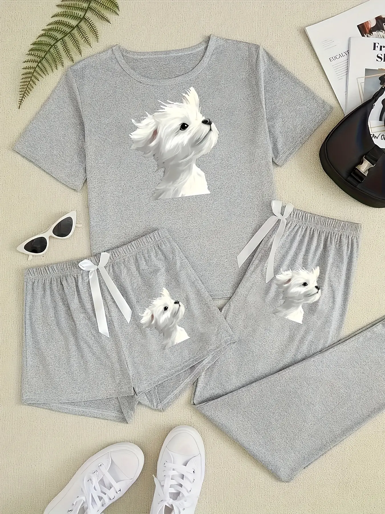 Women's Cartoon Dog Print Sleepwear Loungewear Set, Casual Fitted Three-Piece Pajamas, All Seasons Comfortable Nightwear