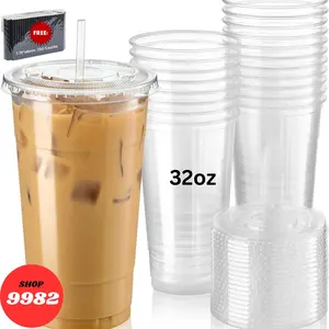 Unicup 100 Sets 32oz Clear Plastic Cups with lids  Plus 250ct Paper Straws for FREE Disposable Pack Christmas Prop