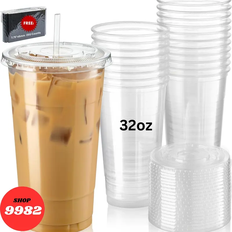 UniCup 32oz Clear Plastic Cups With Lids and Straws, Disposable Cups With Lids for Iced Coffee, Smoothie, Milkshake and Cold Drinks