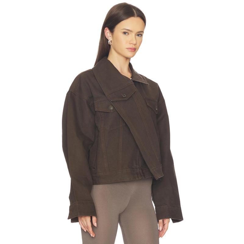 MARRKNULL Dislocated Wrap Around Denim Jacket in Brown