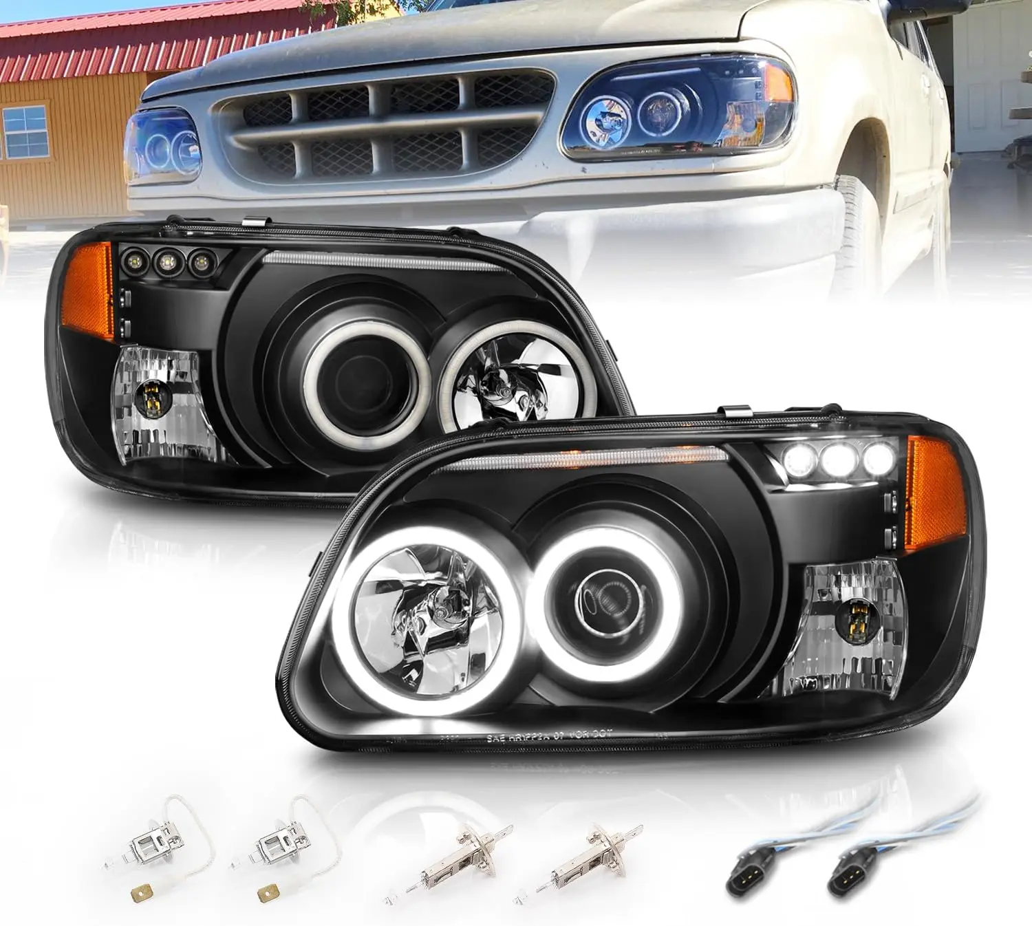 AmeriLite for 1995-2001 Ford Explorer Xtreme LED Halos Parking Lamp Black Projector Replacement Headlights Set - Passenger and Driver Side