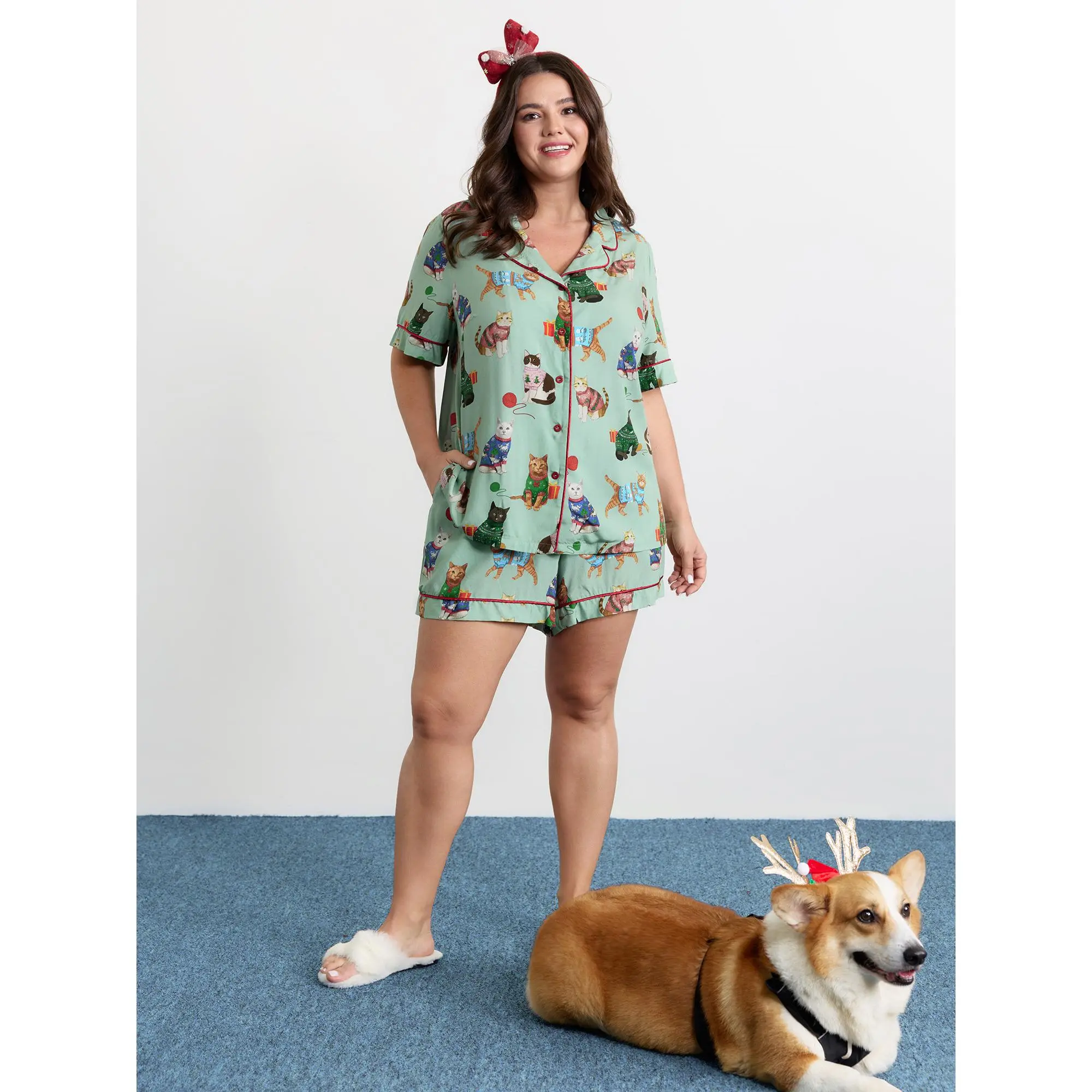 Women's Christmas Cat Print Pajama Set | Playful Rayon 2-Piece Clothes with Color Contrast Top and Fitted Bottoms, Nightwear, Garment, Animal Print, Low Iron, Graphic, Ready To Wear, Loungewear Sets, Playful Wear