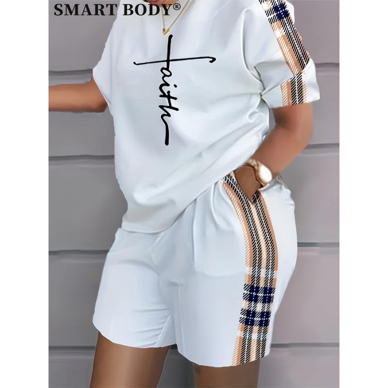 summer  new style dress unique Faith Letter Plaid Shorts Set with Pockets Short Sleeve Crew Neck T-shirt & Biker Casual Two-Piece Athletic Outfit, White Black Brown Stripes Top Tee + Pant Tracksuit Perfect for Summ