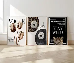 Set of 3 Vintage Prints Leopard Cheetah Print 8 Ball Lucky Black and White Trendy Wall Art Gallery Preppy Luxury Home Décor Decor Photo