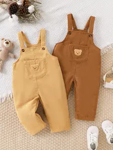 Cute Bear Corduroy Baby Bib Pants Set, Adjustable Shoulder Straps, Four Seasons Wear, Daily for Boys, 2 Piece