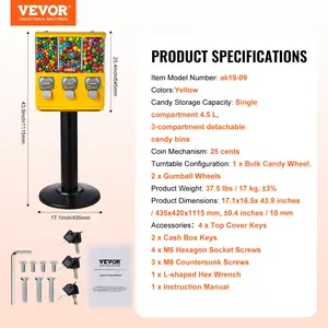 VEVOR Commercial Vending Machine, Triple Compartment Candy Dispenser with Iron Stand, Gumball and Candy Machine for Business, Coin Operated Gumball Bank for Toy Capsules Bouncy Balls Candy Nut, Yellow