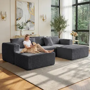 [3-Piece Set] Oria Living110" Modular U-Shaped Sofa Set—3-Seater Module with 2 Movable Footstools, Deep-Seat Corduroy Sofa, Deep-Seat Cloud-Style Sofa, Ideal for Living Rooms, Deep Black Hues, Combining Comfort and Stylish Design, Premium Luxury Black