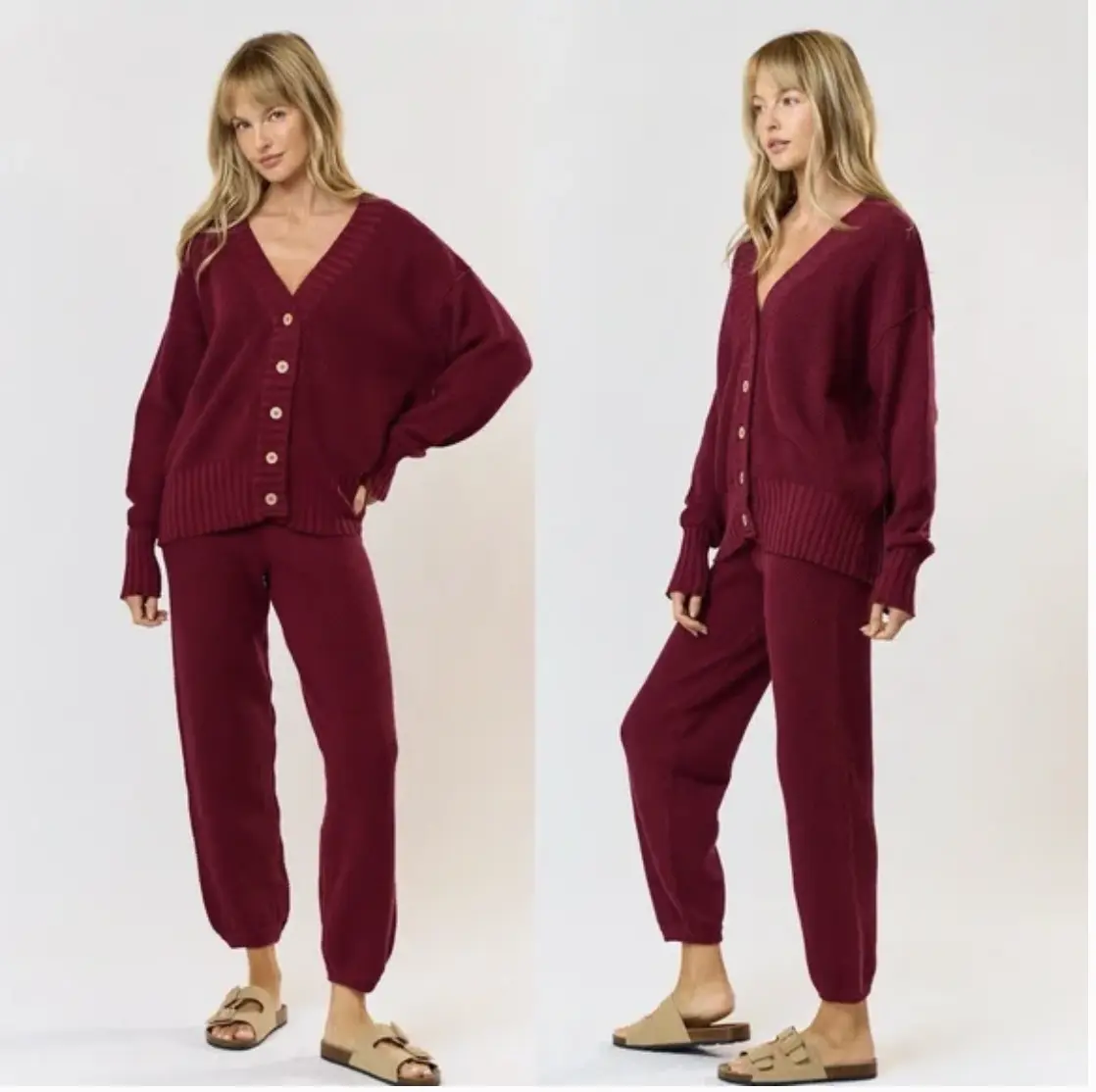 100% Cotton Chic Maroon Button-Down Cardigan and Pants Set Small Medium Large Casual Comfort