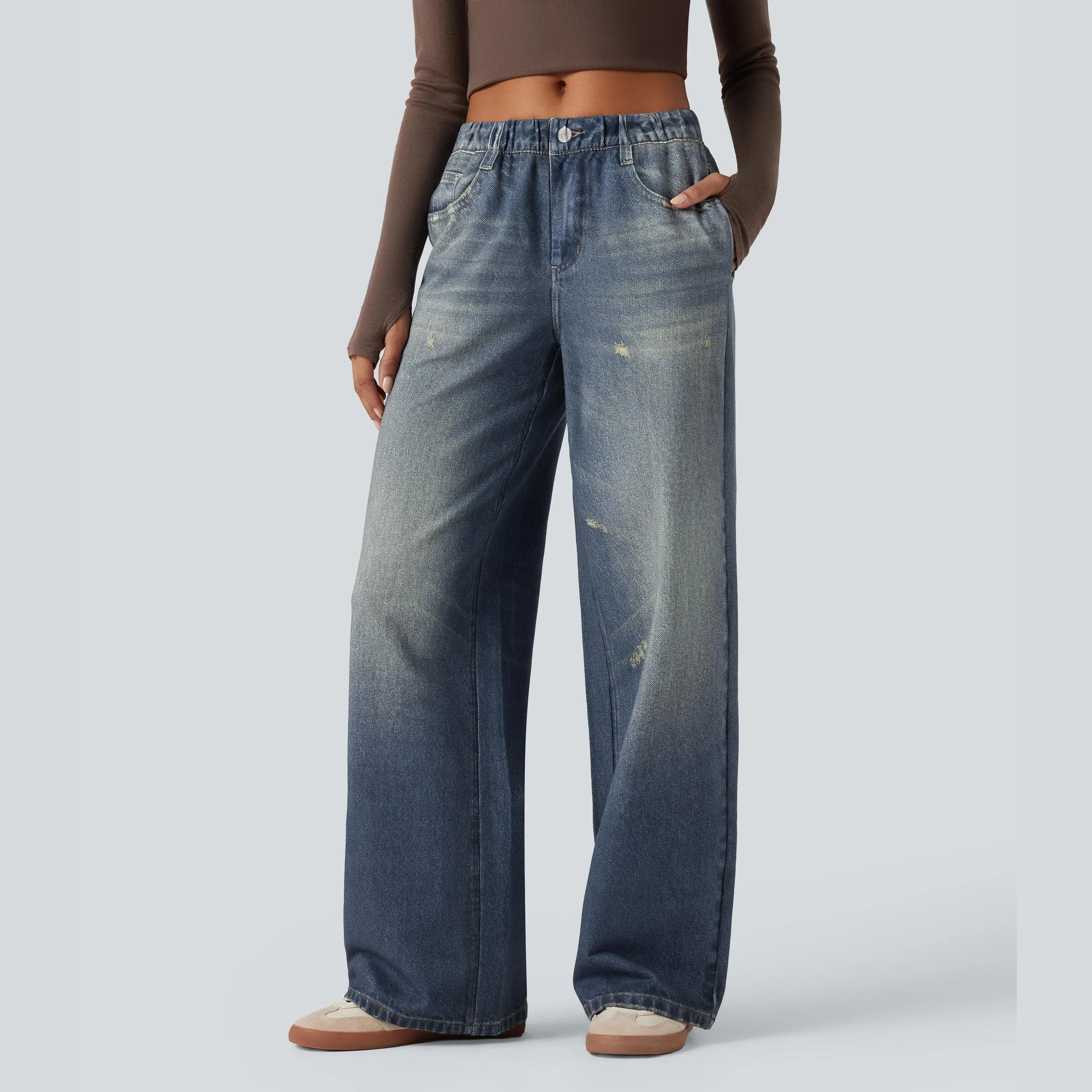 Halara Mid Rise Denim Print French Terry Casual Sweatpants Jeans with Pockets Halara Mid Rise Denim Print French Terry Casual Sweatpants Jeans with Pockets